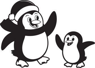 Fototapeta premium A cheerful adult penguin wearing a Santa hat waves alongside a small happy baby penguin