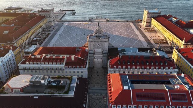 Drone shot of Lisbon city center at sunrise. Comercio square in the city of Lisbon, capital of Portugal 