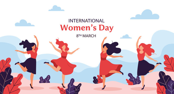 International Women's Day greeting card showing joyful women dancing in a landscape with hills, clouds, and leaves.