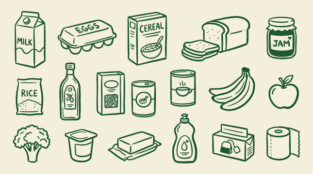 Grocery Items Collection Hand Drawn Illustration