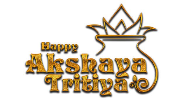 Happy Akshaya Tritiya greeting card design featuring golden Kalash with floral decoration, perfect for Hindu festival celebration, social media post, and auspicious occasion wishes
