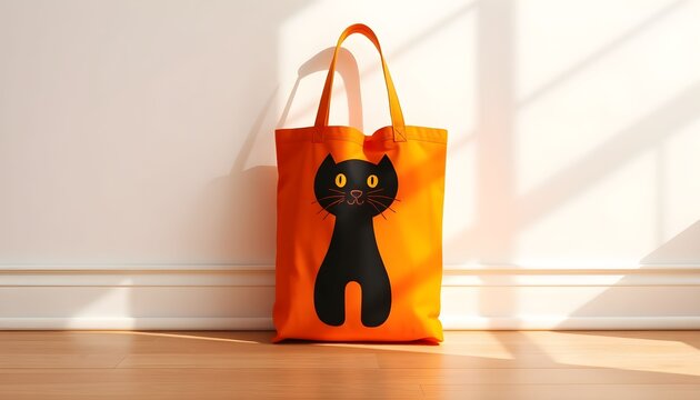 An orange tote bag with a black cat design sits on a wooden floor in a room with sunlight.