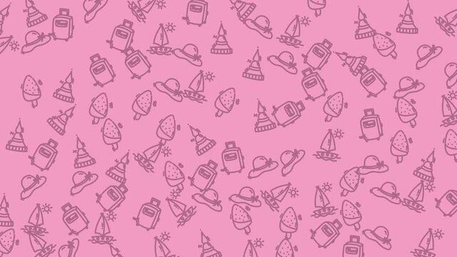 Pink background with eiffel tower, hat, and perfume bottle icons. Suitable for travel and fashionthemed designs, posters, or wallpapers.