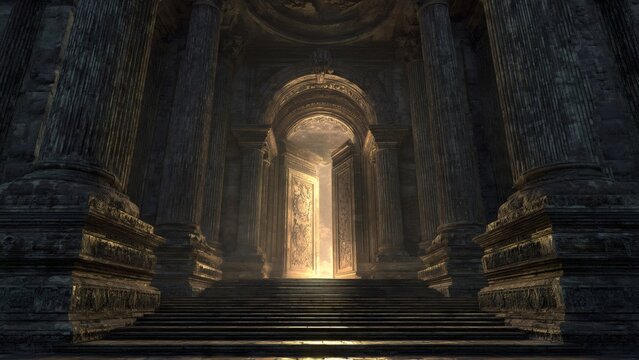 Majestic ancient stone temple interior with dramatic lighting