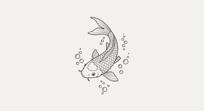 Hand Drawn Koi Fish Sketch with Bubbles, Minimalist Line Art
