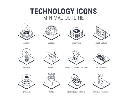 Outline Technology icons set for workflow diagram - Minimal line black and white - Artificial intelligence platform, AI applications, database, integration, prompt, insights - isometric vector
