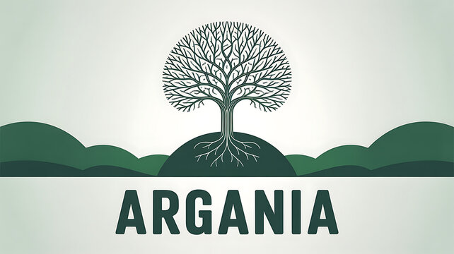 A stylized illustration of a tree on a hill with the word ARGANIA