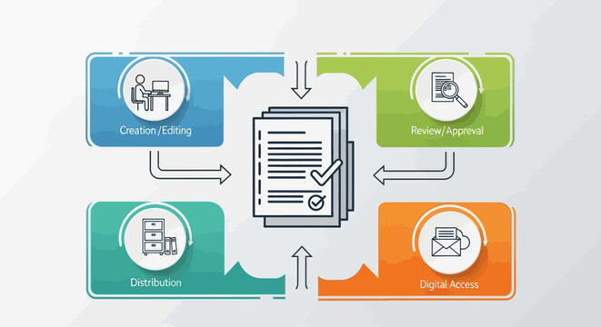 A business process diagram illustrating the stages of client on-boarding, mobile app integration, digital asset management, and distribution with a shallow depth of field on a light gray