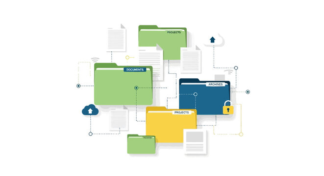 A colorful graphic illustration of business folders and documents with lock icons, showcasing organization and security in a modern, abstract composition.