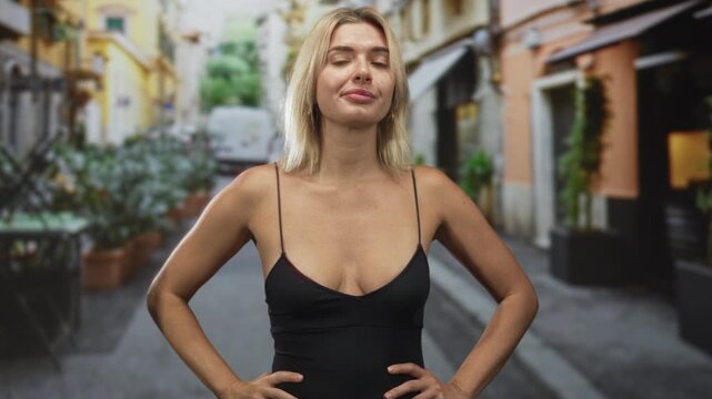 Woman in a black dress shows thumbs down gesture with cleavage visible and hands on hips in a narrow european street; defiance confidence.