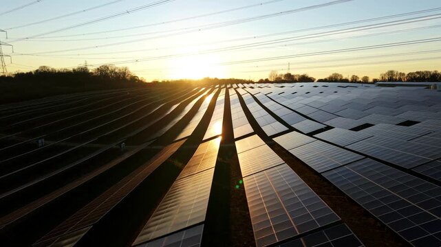 Aerial view of solar panels reflecting the golden sun, stretching into the distance, a testament to renewable energy, Tye Lane, Ipswich, United Kingdom.