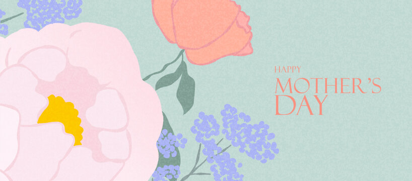 Happy Mother's Day Elegant Floral Greeting Card with flowers frame in soft pastel shades: large pink peony, cheerful peach rose and purple wildflowers. Spring summer floral pattern.