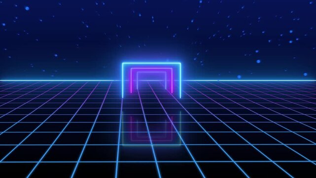 Neon pink rectangular tunnel features grid floor and starry background. Ideal for futuristic designs and digital corridors. Use this neon tunnel for modern visual projects.