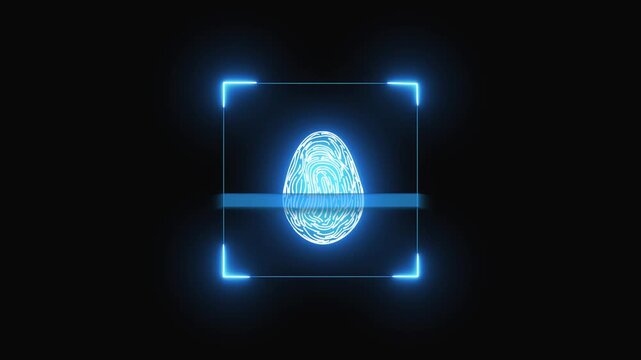 Digital fingerprint scan glows with blue light and scanning bar. Ideal for security visuals and biometric concepts. Enhance your projects with this fingerprint animation.
