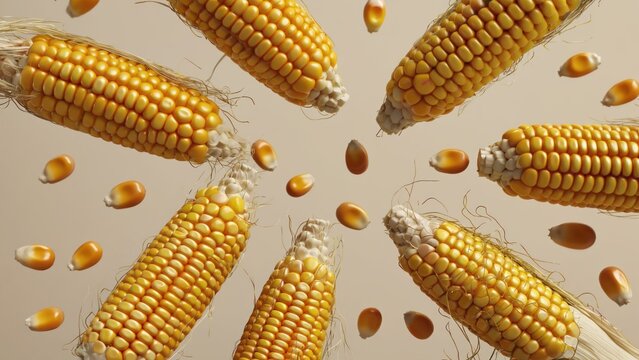 Close up of fresh yellow corn cobs and kernels on beige background