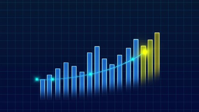 Blue bar graph features peaks and valleys with glowing highlights. Ideal for data trends and market analysis. Enhance your projects with this dynamic bar graph.