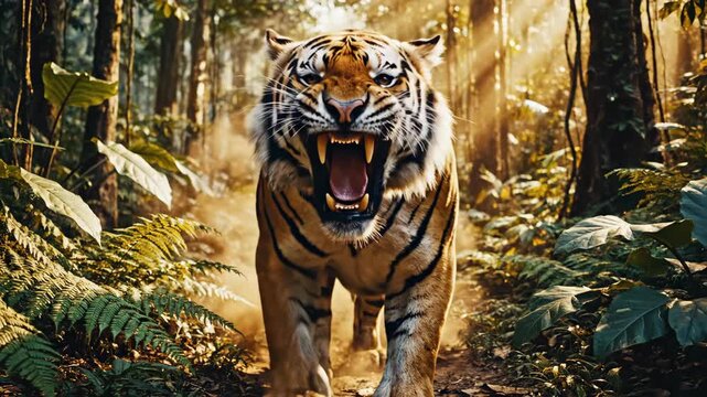 Fierce Tiger Roaring in Lush Jungle Environment, Majestic Predator on the Hunt Through Dense Green Foliage