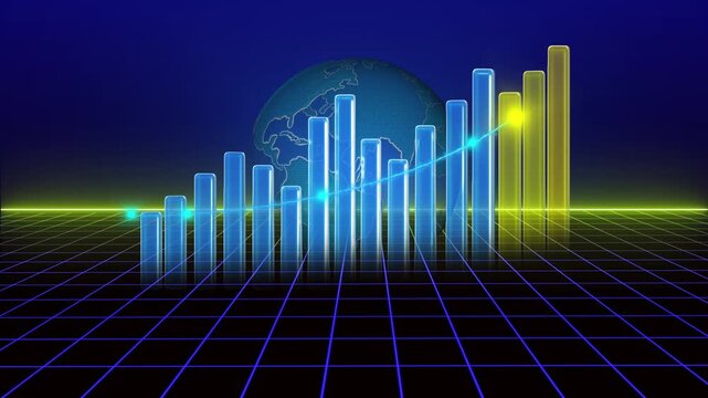Futuristic digital bar graph features globe and grid background. Ideal for global data and financial reports. Use this bar graph for professional visual projects.