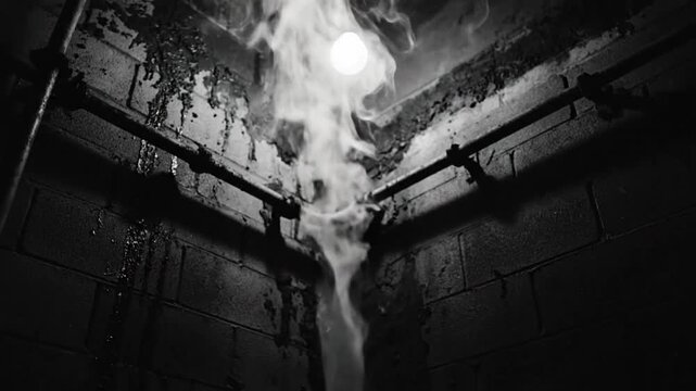 Spooky black and white underground boiler room with steam and exposed pipes radiating a dramatic and suspenseful atmosphere.