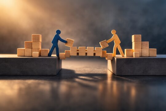 Two people building wooden bridge with blocks symbol of cooperation teamwork and problem solving