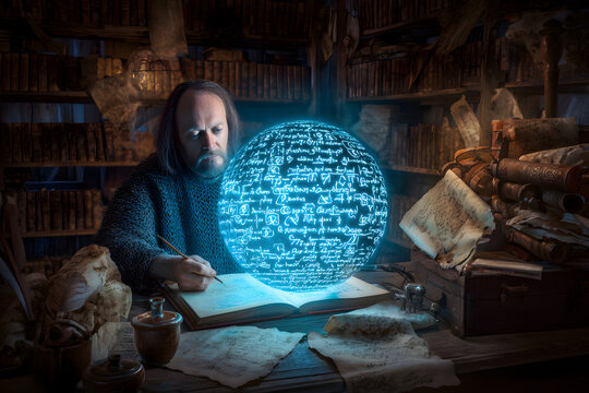 A bearded scholar meticulously transcribes knowledge from a glowing blue orb filled with mystic symbols into a book, surrounded by ancient tomes in his dim, magical study.