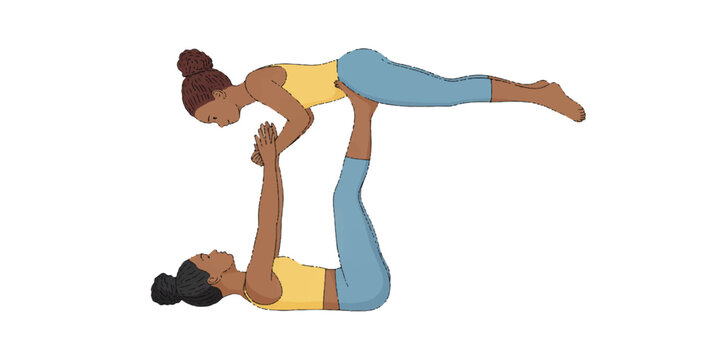 A digital illustration of two African American women performing an acroyoga pose against a white background