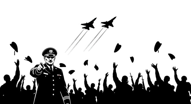 Heroic General Saluting Crowd with Fighter Jets Flying Overhead