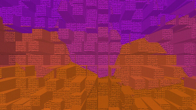 Abstract purple and orange 3D block texture with pixelated geometric pattern