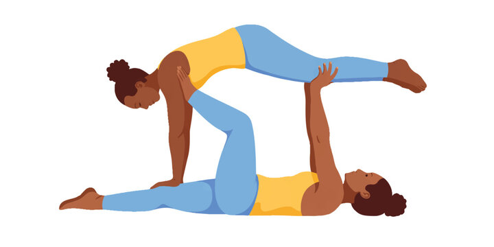 A digital illustration of two African American women performing an acroyoga pose against a white background