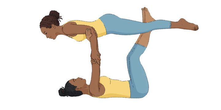 A digital illustration of two African American women performing an acroyoga pose against a white background