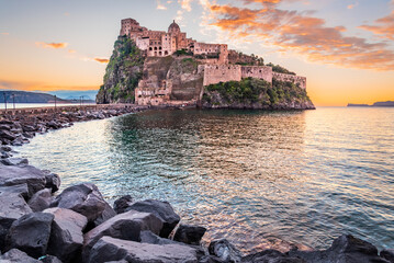 Ischia, Italy. Aragonese Castle on sunrise, Campania.