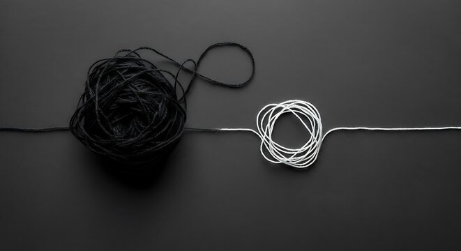 A tangled ball of black yarn next to a single perfectly straight white thread clarity and therapy concept