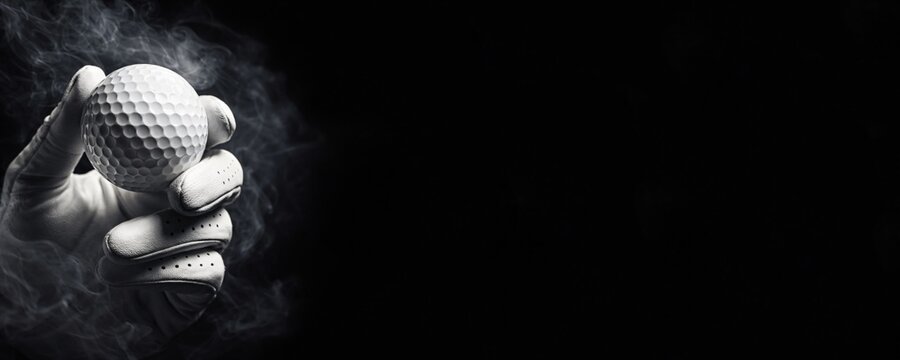 White gloved hand holding a golf ball with smoke, black background, copy space