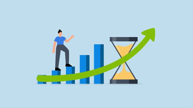 Time value of money, 4k animation of woman stroll up growth ascending graph with hourglass symbolizing time