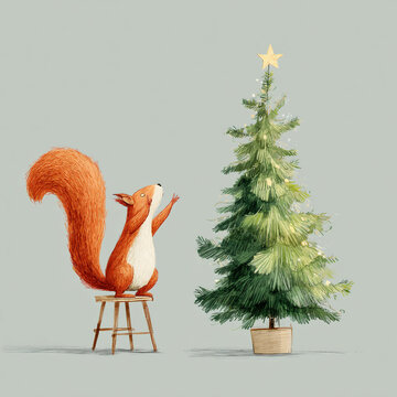 Squirrel reaches for a star on top of a Christmas tree in a simple holiday scene