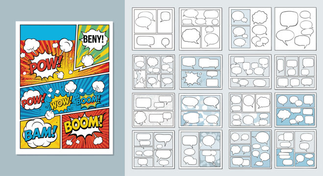 Comprehensive set of comic book layouts and speech bubbles includes various action words and templates for dynamic visual storytelling.