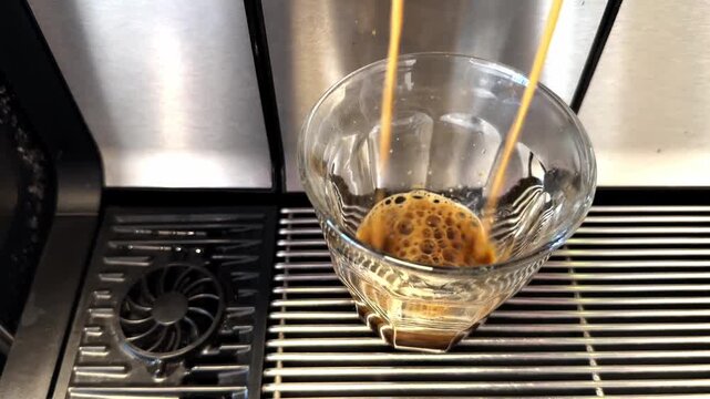 Coffee pouring into glass cup from WMF coffee machine, top view.