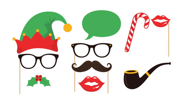 Set of colorful christmas themed photo booth props including an elf hat candy cane mustache and glasses for fun holiday party photos.