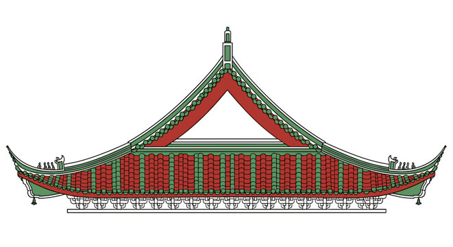 Intricate illustration of a traditional Chinese temple roof with red and green details, showcasing classic architectural design on a white background