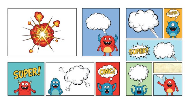 Colorful comic strip pages with friendly monsters speech bubbles and loud action words like super and omg for kids entertainment.