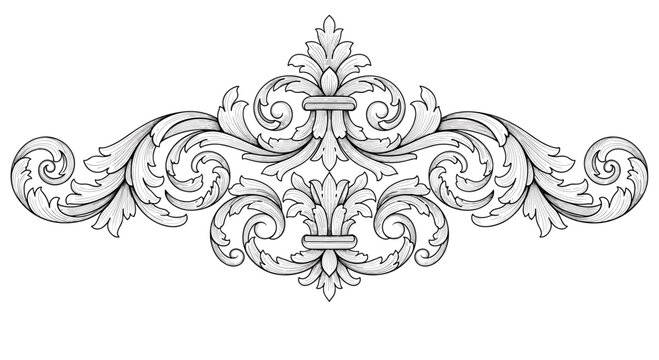 Grand symmetrical baroque floral ornament engraving with intricate scrolls and leaf flourishes for formal decorative motifs and emblems.