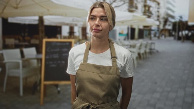 Young blonde woman wearing an apron with eyes closed standing at street cafe terrace near chalkboard menu and patio tables; calm reflection.