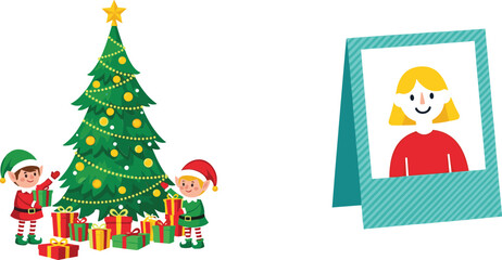 Fototapeta premium Christmas tree with gifts and cute elves decorating holiday presents with photo frame portrait festive cartoon vector illustration