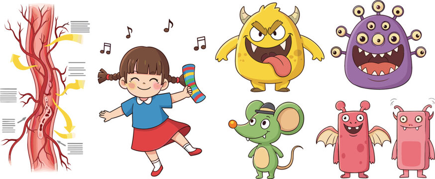 Cartoon monsters collection with dancing girl and human artery anatomy educational and fantasy character vector illustration set
