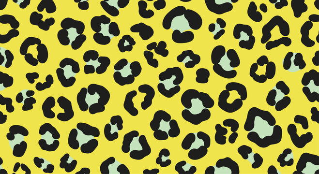 Bold seamless leopard print pattern featuring black and mint green spots on a vibrant yellow background for fashion design.