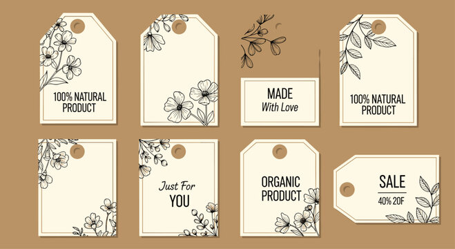 Set of eight natural product gift tags with delicate floral sketches and text for organic products sales and special gift wrapping ideas.