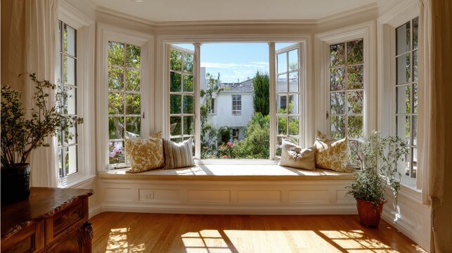 Sunlit interior featuring a classic bay window with divided-light panes and potted plants