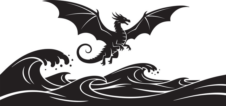 Majestic Black Dragon Flying Over Ocean Waves Silhouette Vector Icon