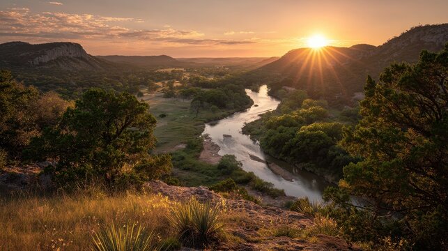 Sunset over limestone canyons and the Frio River near Garner State Park, West Texas
