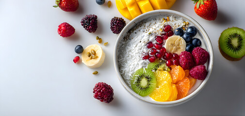 Fresh fruit and oatmeal bowl with mixed berries sliced banana and kiwi on a white background with scattered fruit and soft natural lighting